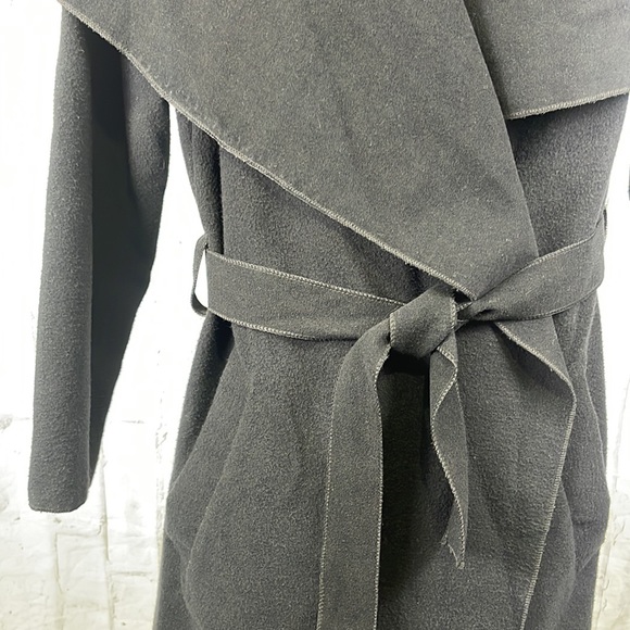 Made in France Black Felt Trench Coat Wide Collar Open Front Belted with Pockets - Picture 4 of 12